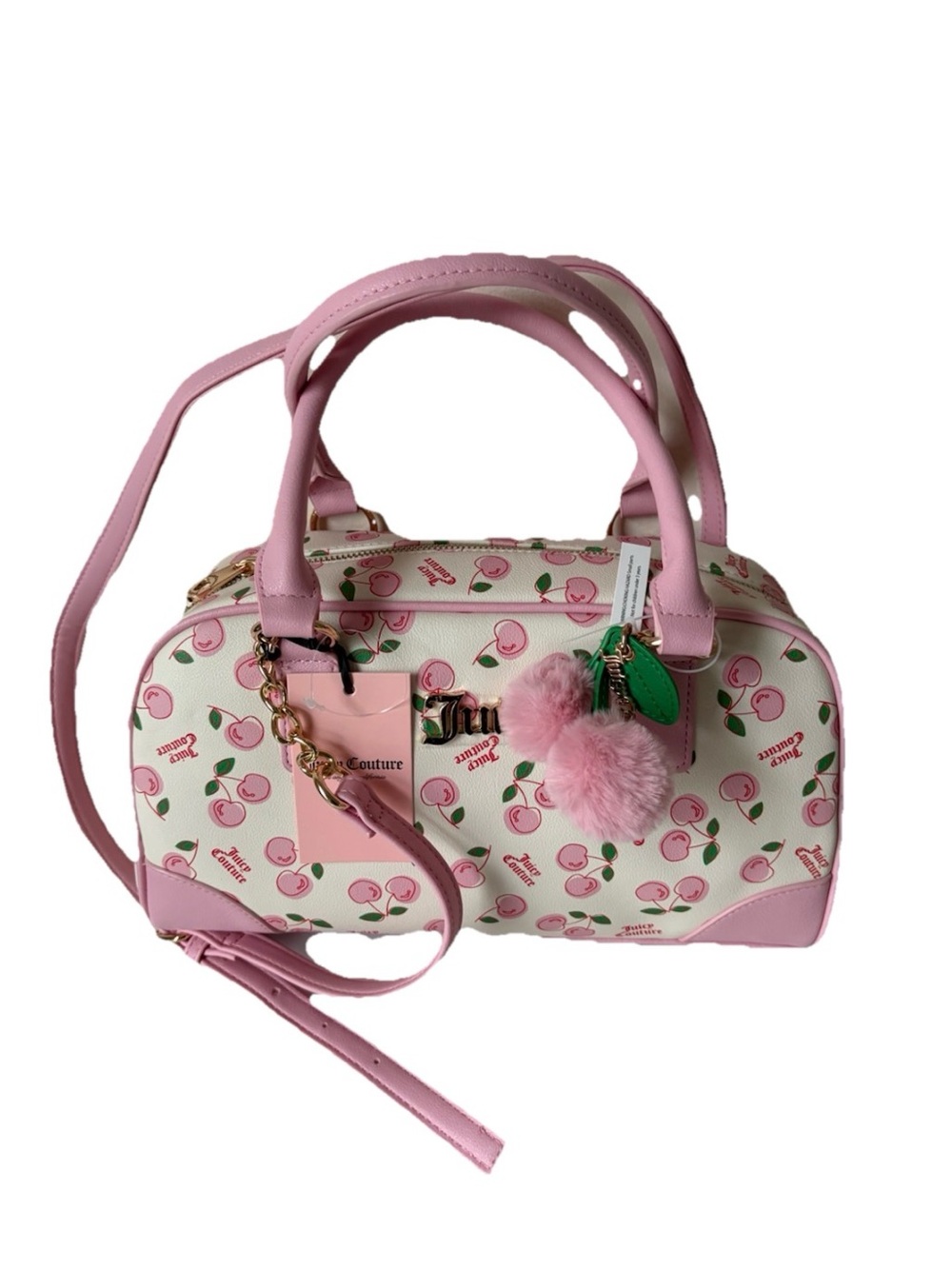 NWT Juicy Couture Cherry Prints Satchel Bag Pink/White Cherry Charm Pink Pom